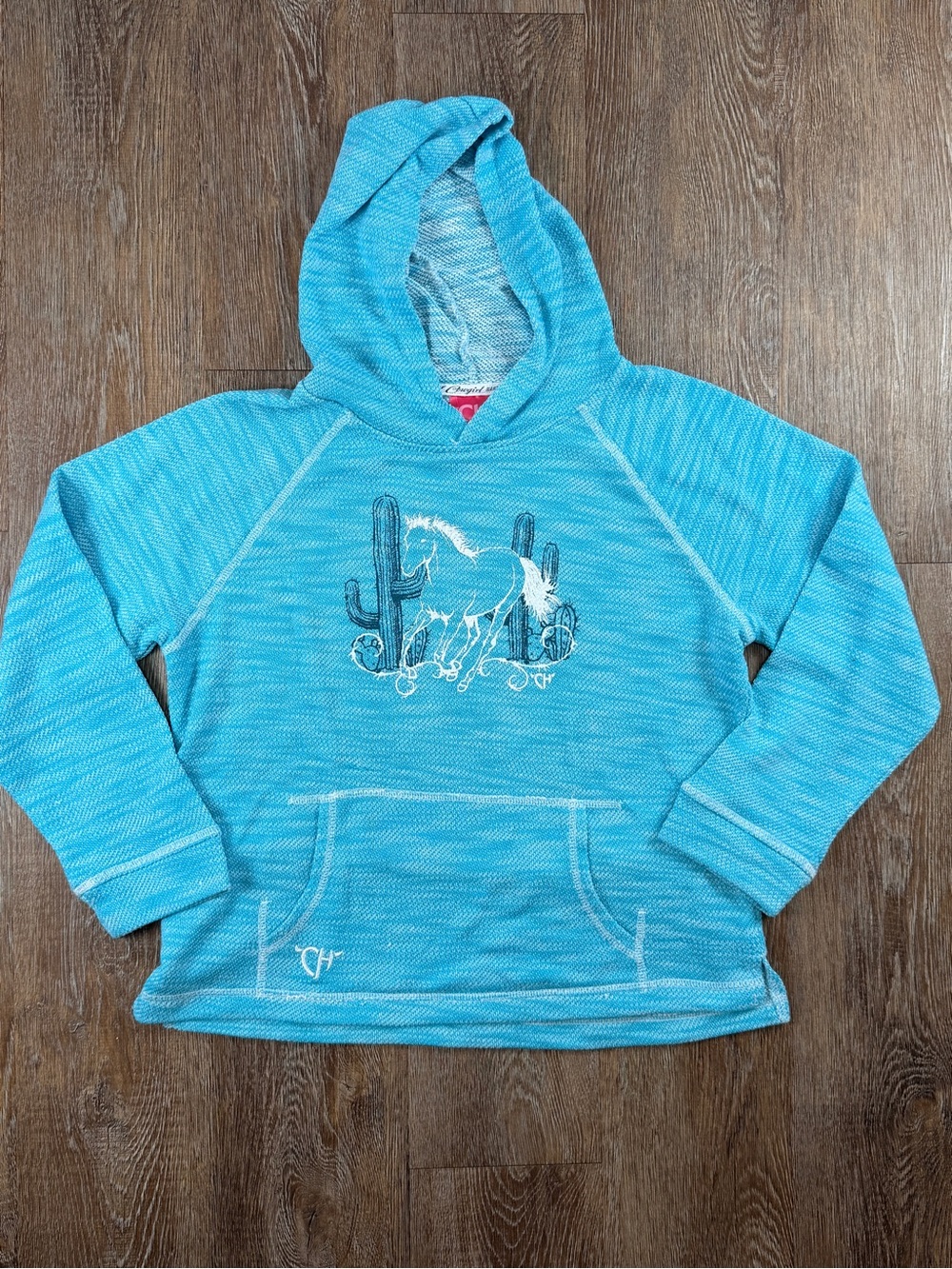 Cowgirl Hardware Girls Cactus Horse Hoodie Turquoise Slub Knit | XL (14-16)